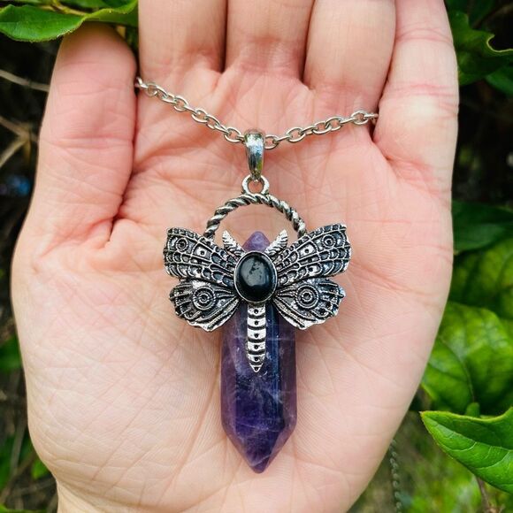 Jewelry - Gothic Moth Pendant Necklace with Antique Silver tone and Purple Gem